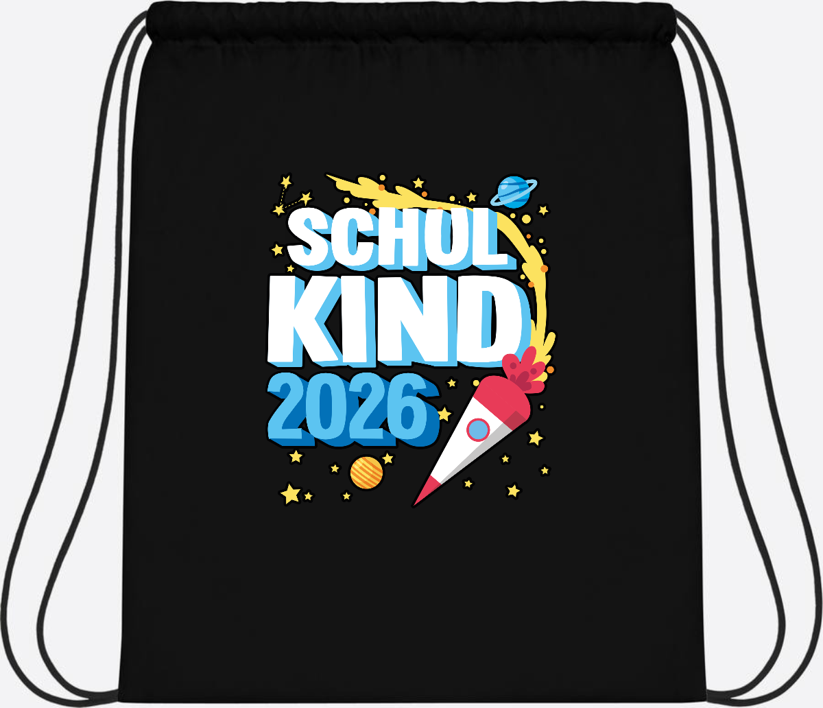 Turnbeutel Schulkind 2026 Rakete – mit Wunschnamen - Black/Black
