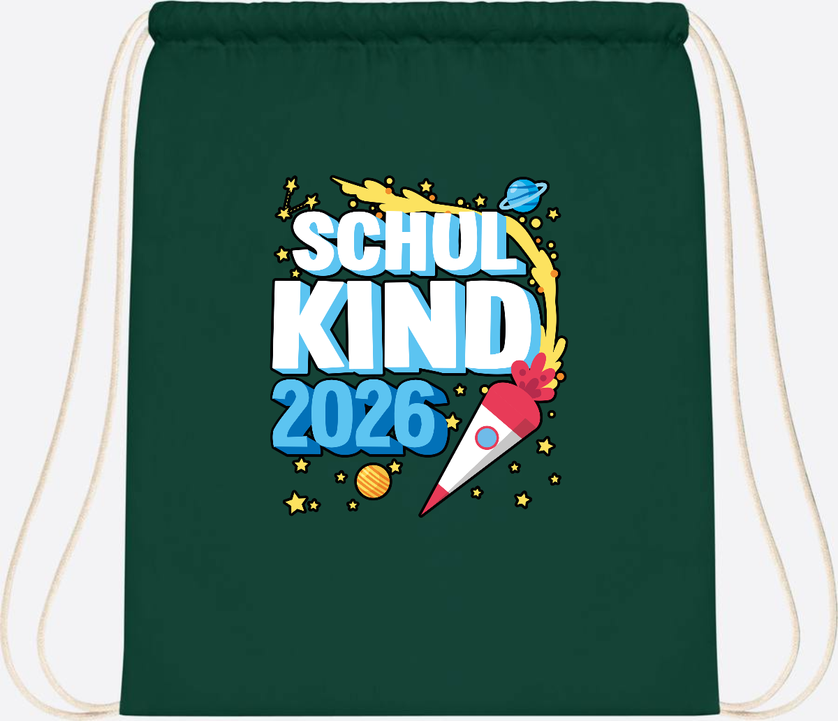 Turnbeutel Schulkind 2026 Rakete – mit Wunschnamen - Bottle Green