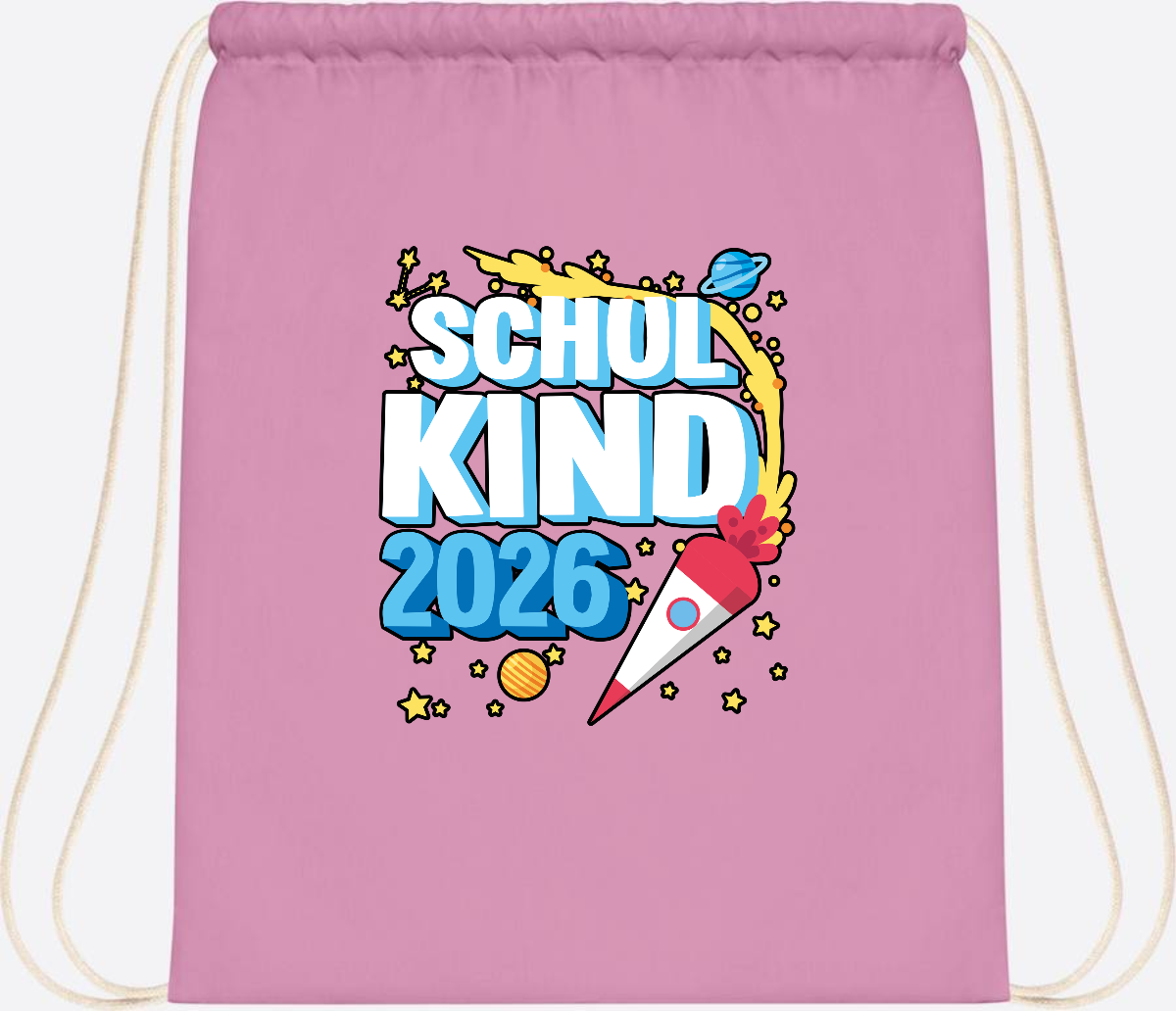 Turnbeutel Schulkind 2026 Rakete – mit Wunschnamen - Classic Pink/White
