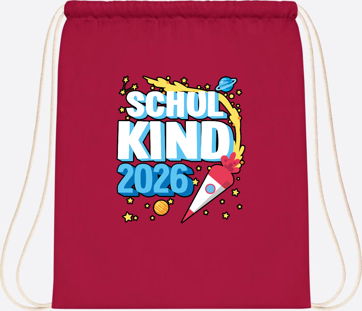 Turnbeutel Schulkind 2026 Rakete – mit Wunschnamen - Classic Red