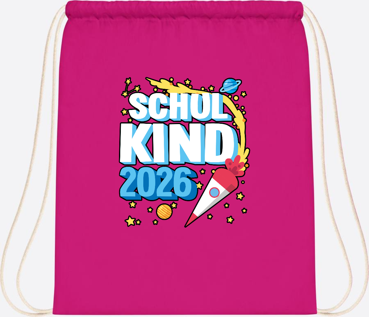 Turnbeutel Schulkind 2026 Rakete – mit Wunschnamen - Fuchsia