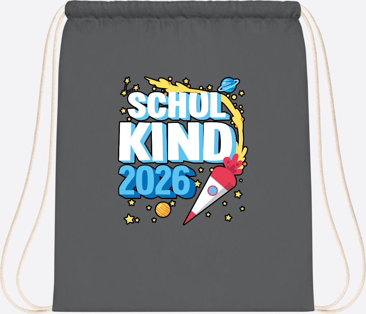 Turnbeutel Schulkind 2026 Rakete – mit Wunschnamen - Graphite Grey