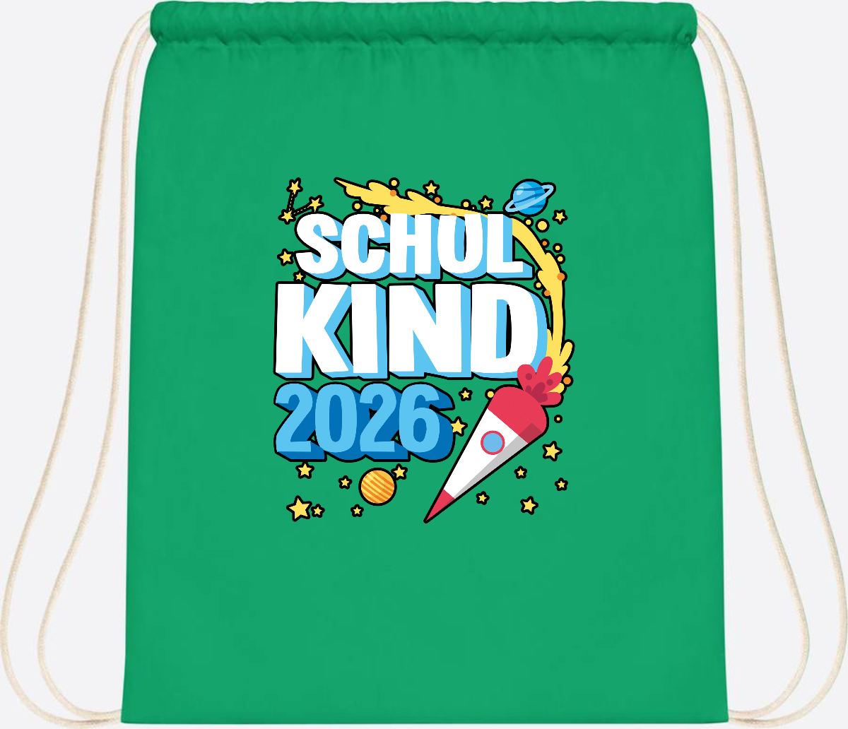 Turnbeutel Schulkind 2026 Rakete – mit Wunschnamen - Kelly Green