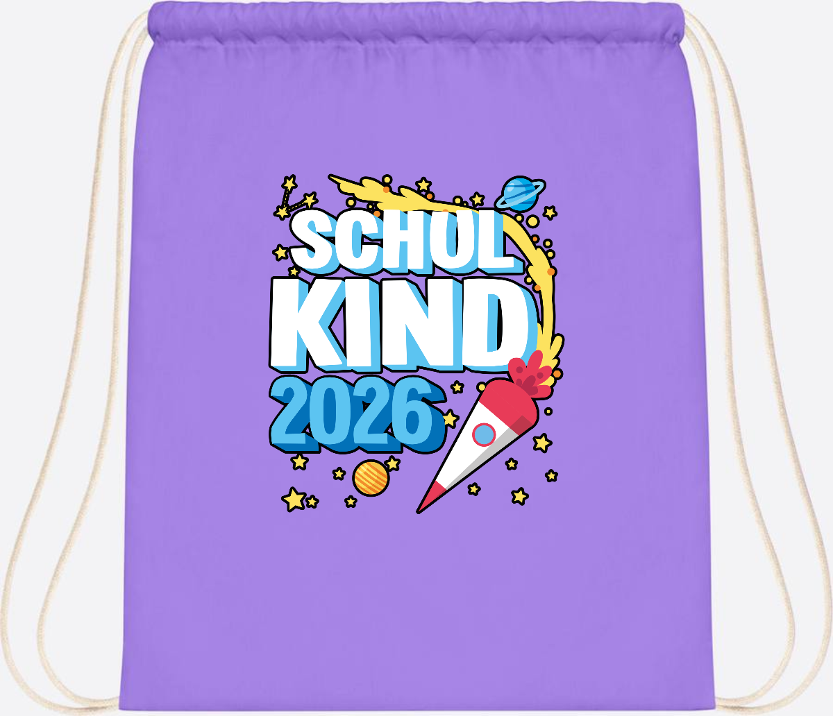 Turnbeutel Schulkind 2026 Rakete – mit Wunschnamen - Lavender/White