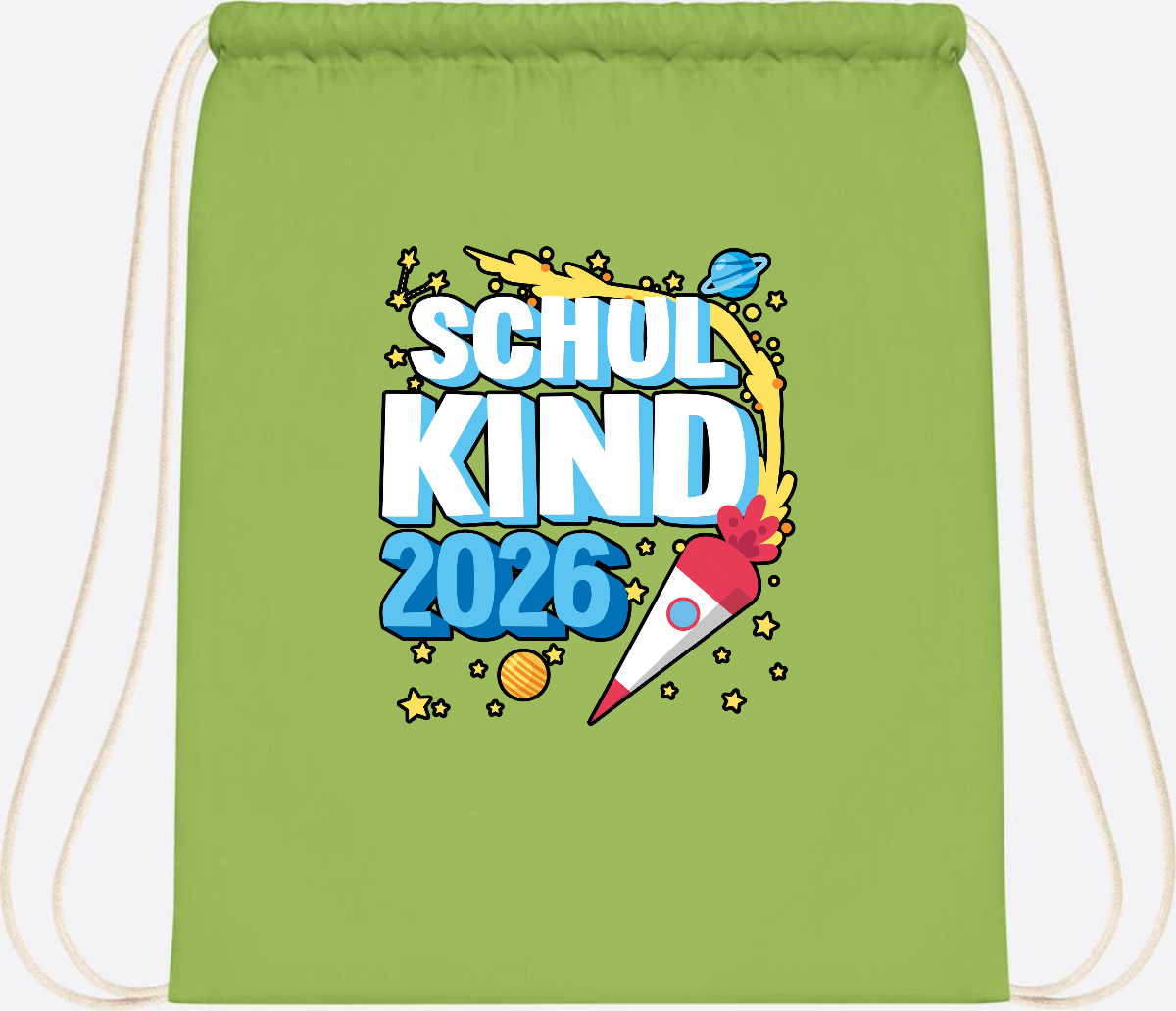 Turnbeutel Schulkind 2026 Rakete – mit Wunschnamen - Lime Green