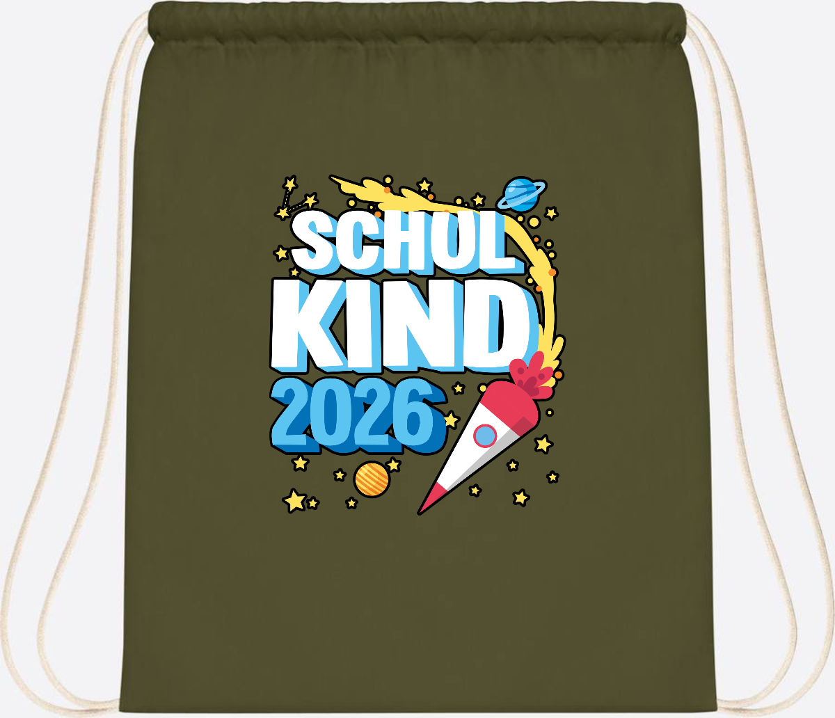 Turnbeutel Schulkind 2026 Rakete – mit Wunschnamen - Olive Green