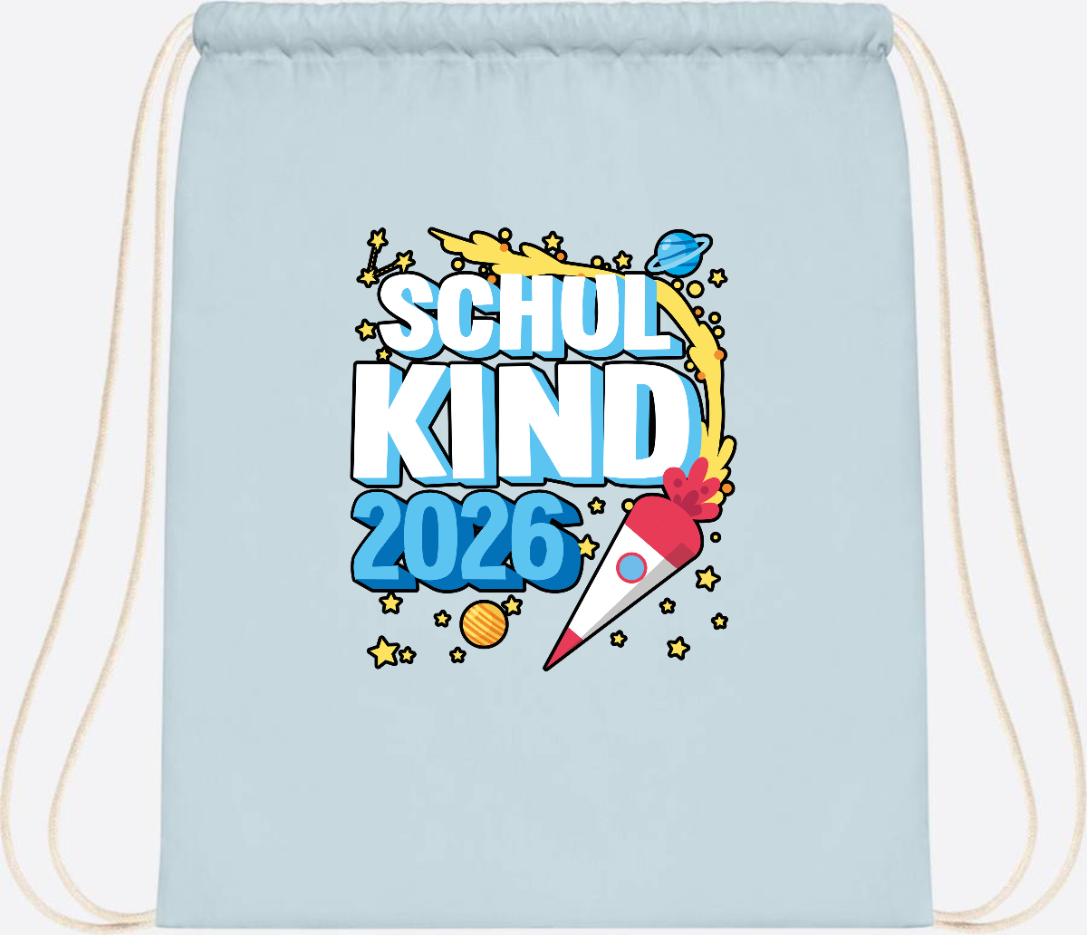 Turnbeutel Schulkind 2026 Rakete – mit Wunschnamen - Pastel Blue/White