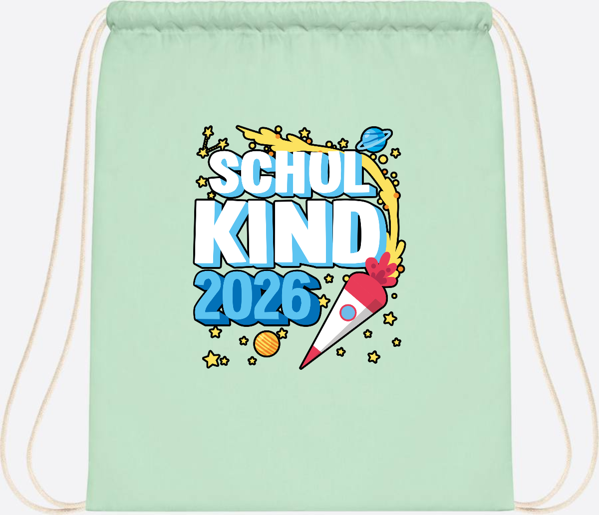 Turnbeutel Schulkind 2026 Rakete – mit Wunschnamen - Pastel Mint/White