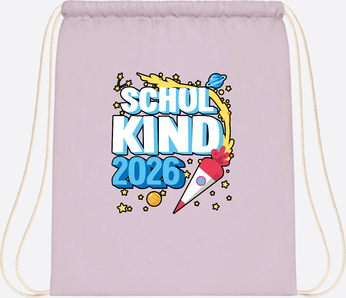 Turnbeutel Schulkind 2026 Rakete – mit Wunschnamen - Pastel Pink/White