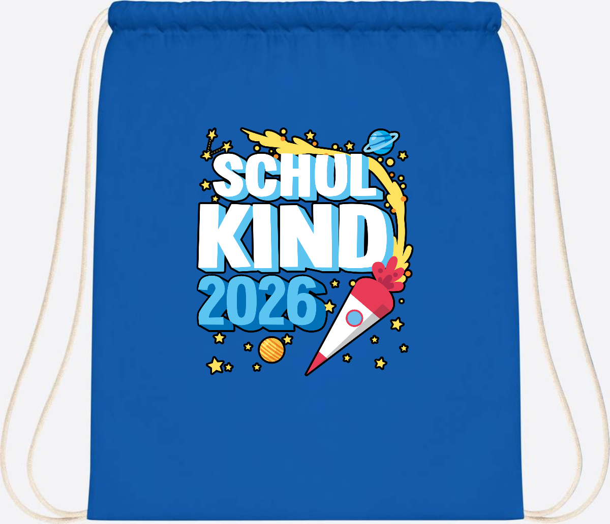 Turnbeutel Schulkind 2026 Rakete – mit Wunschnamen - Sapphire Blue