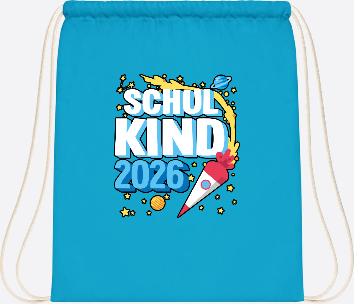 Turnbeutel Schulkind 2026 Rakete – mit Wunschnamen - Surf Blue