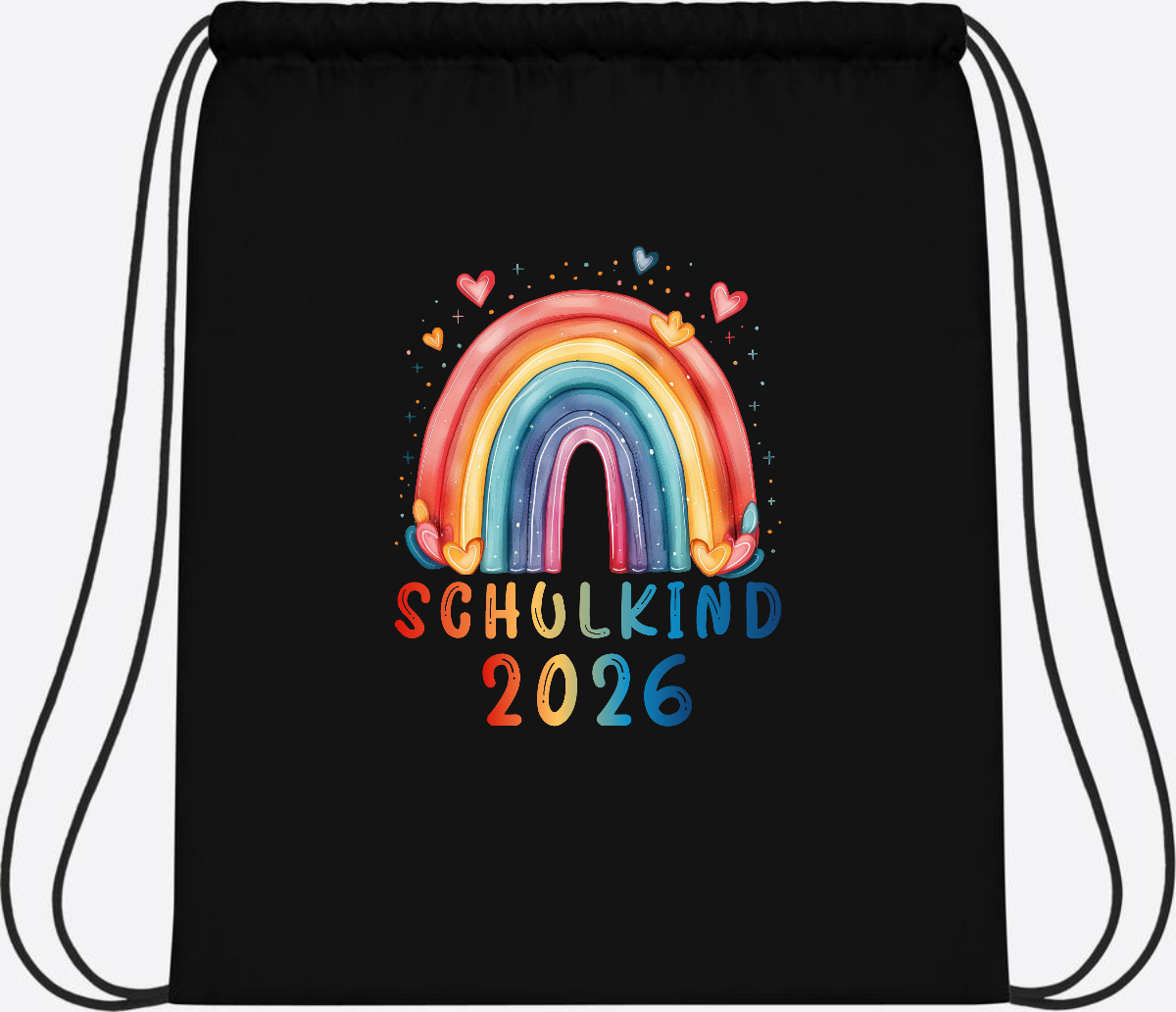 Turnbeutel Schulkind 2026 Regenbogen – Geschenk zur Einschulung - Black/Black