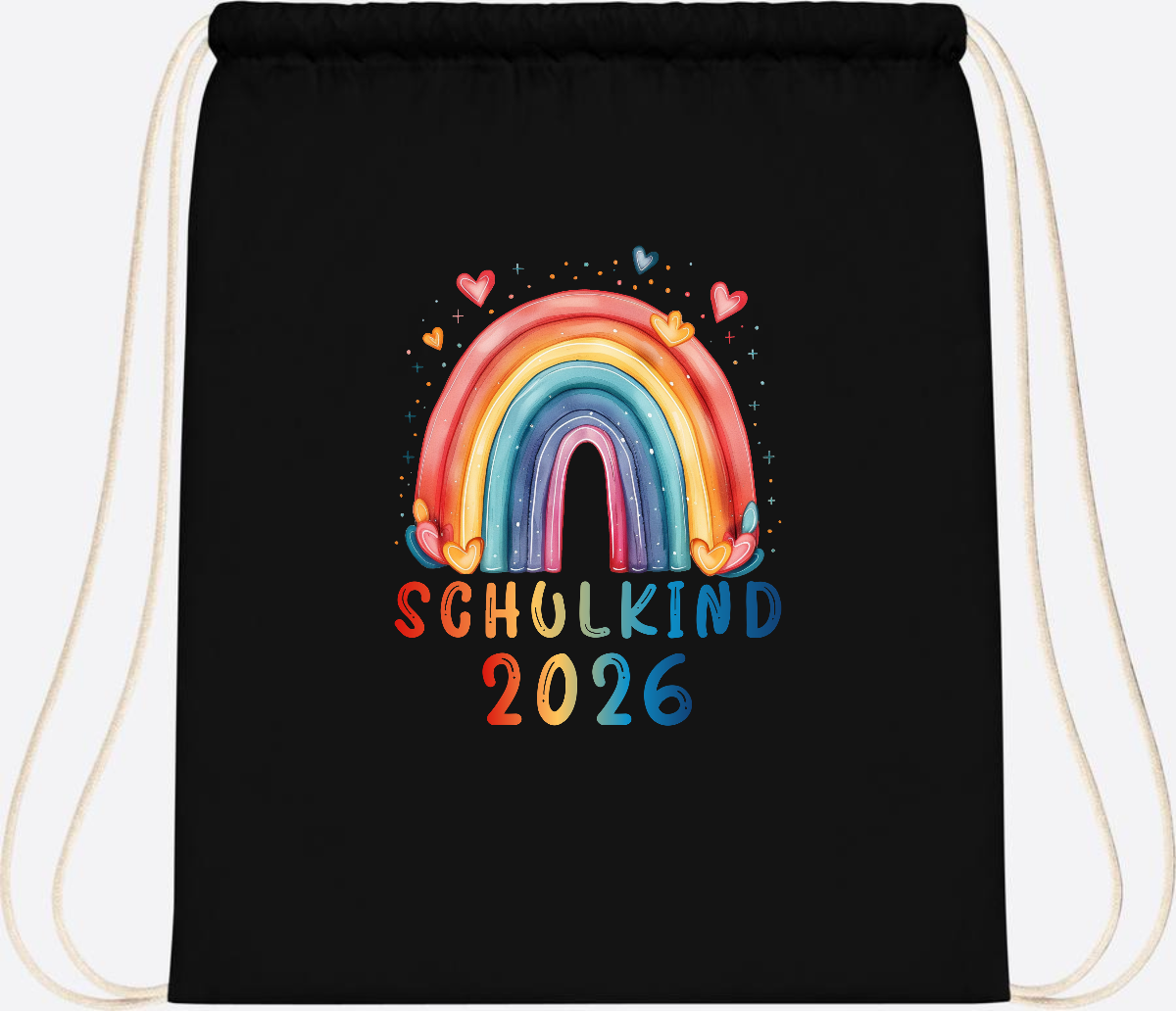 Turnbeutel Schulkind 2026 Regenbogen – Geschenk zur Einschulung - Black