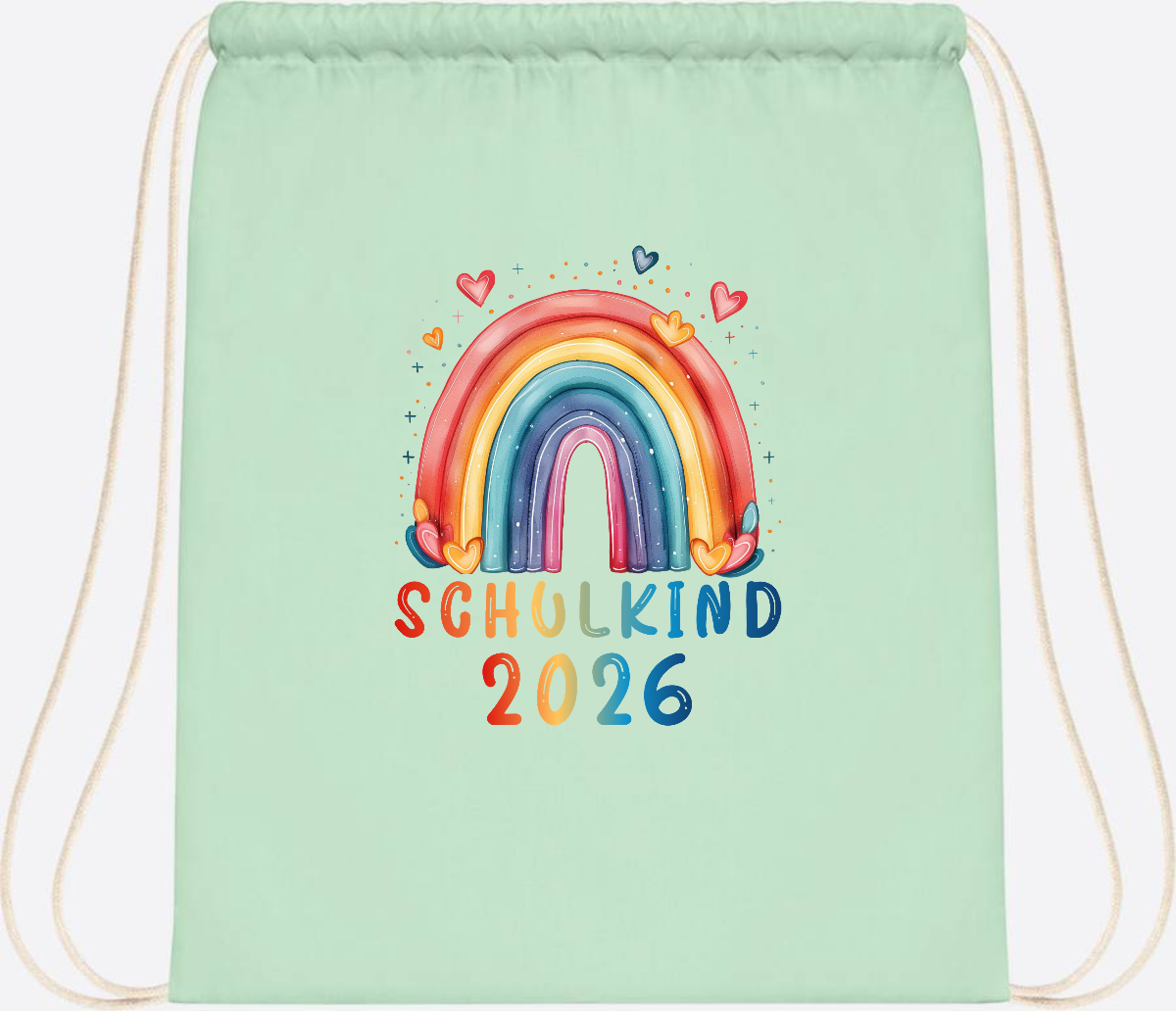 Turnbeutel Schulkind 2026 Regenbogen – Geschenk zur Einschulung - Pastel Mint/White