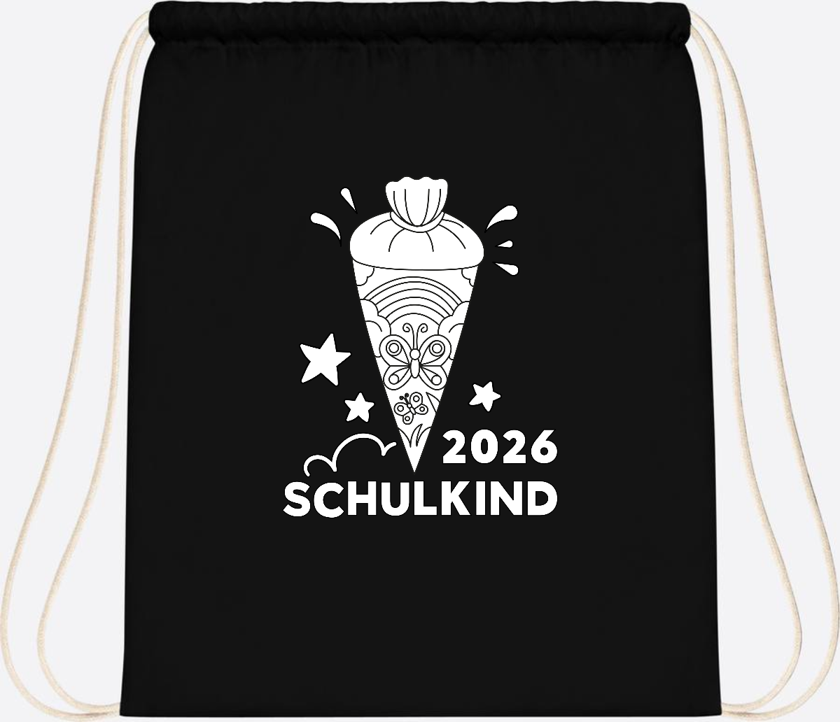 Turnbeutel Schulkind 2026 – Regenbogen zum Ausmalen mit Name - Black
