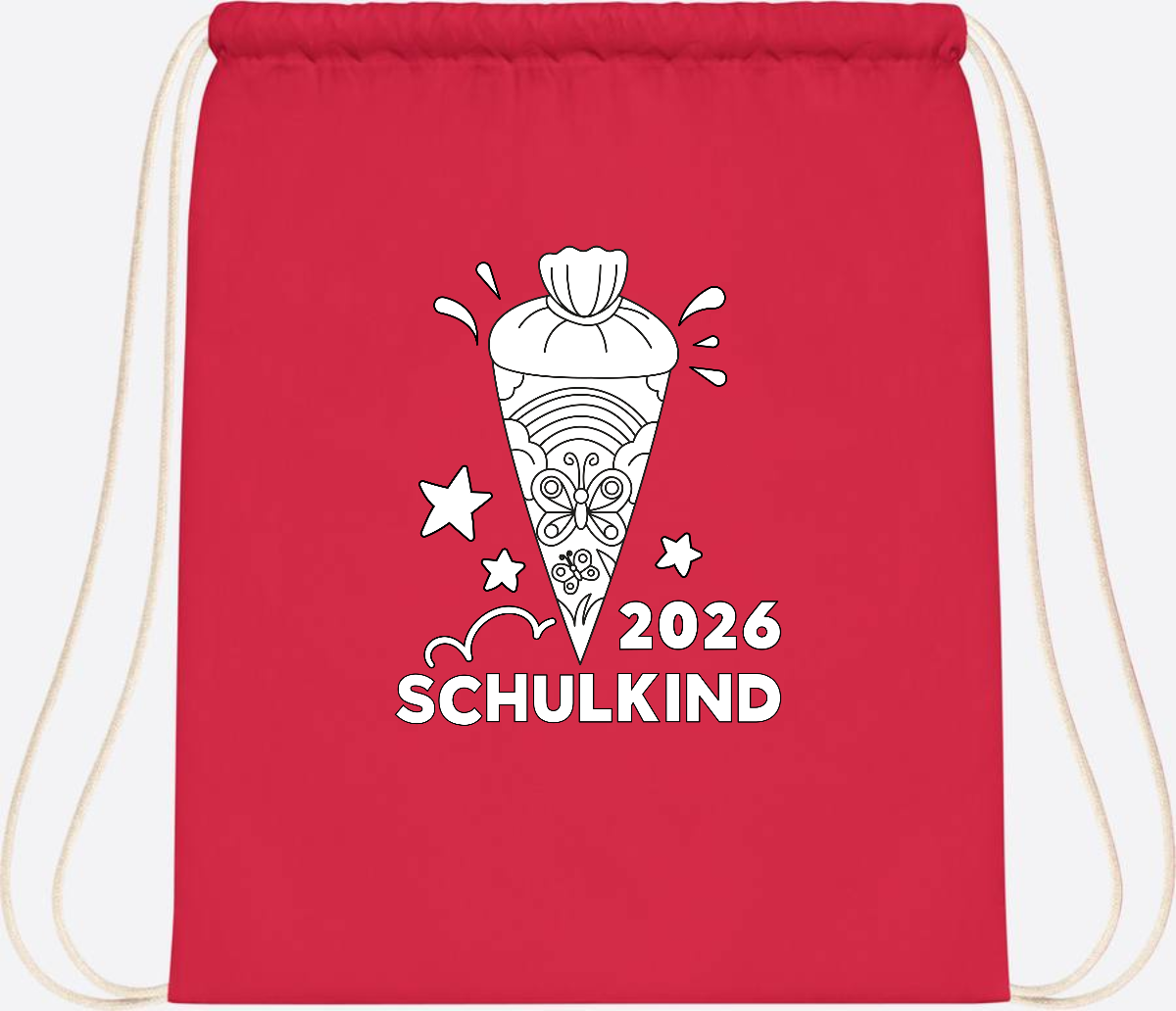 Turnbeutel Schulkind 2026 – Regenbogen zum Ausmalen mit Name - Bright Red