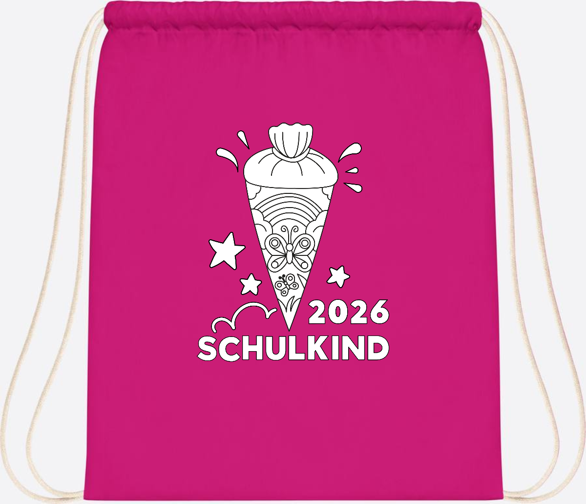Turnbeutel Schulkind 2026 – Regenbogen zum Ausmalen mit Name - Fuchsia