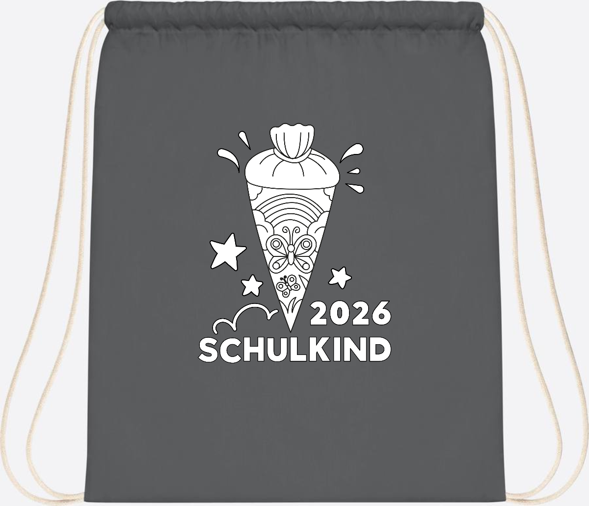 Turnbeutel Schulkind 2026 – Regenbogen zum Ausmalen mit Name - Graphite Grey