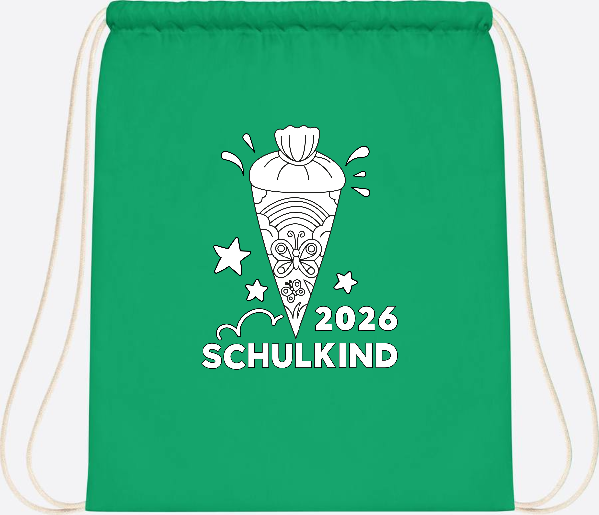 Turnbeutel Schulkind 2026 – Regenbogen zum Ausmalen mit Name - Kelly Green