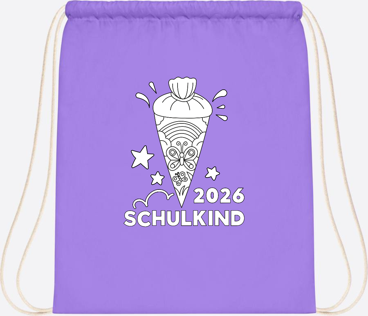 Turnbeutel Schulkind 2026 – Regenbogen zum Ausmalen mit Name - Lavender/White