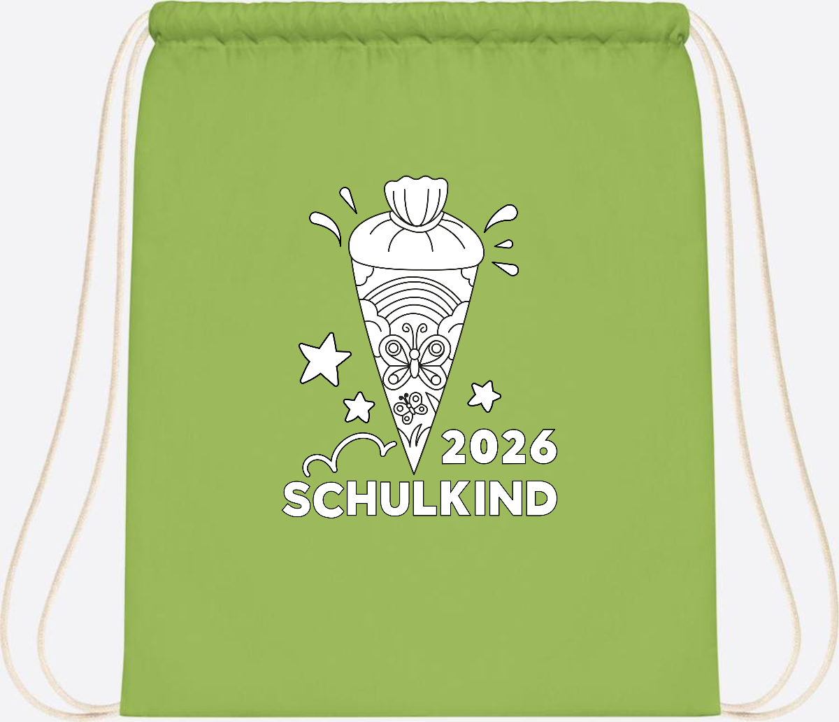 Turnbeutel Schulkind 2026 – Regenbogen zum Ausmalen mit Name - Lime Green