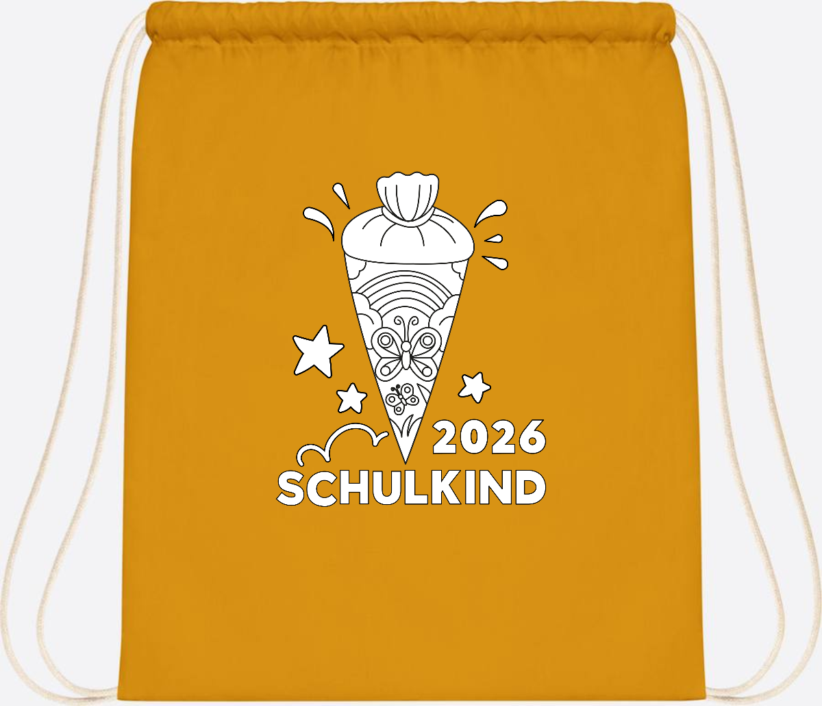Turnbeutel Schulkind 2026 – Regenbogen zum Ausmalen mit Name - Mustard