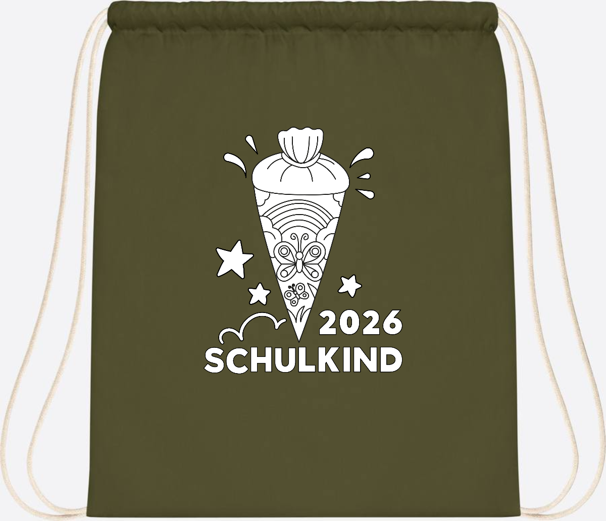 Turnbeutel Schulkind 2026 – Regenbogen zum Ausmalen mit Name - Olive Green