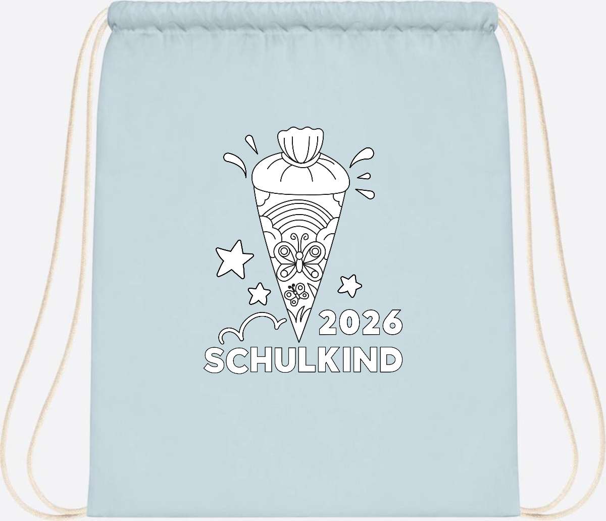 Turnbeutel Schulkind 2026 – Regenbogen zum Ausmalen mit Name - Pastel Blue/White