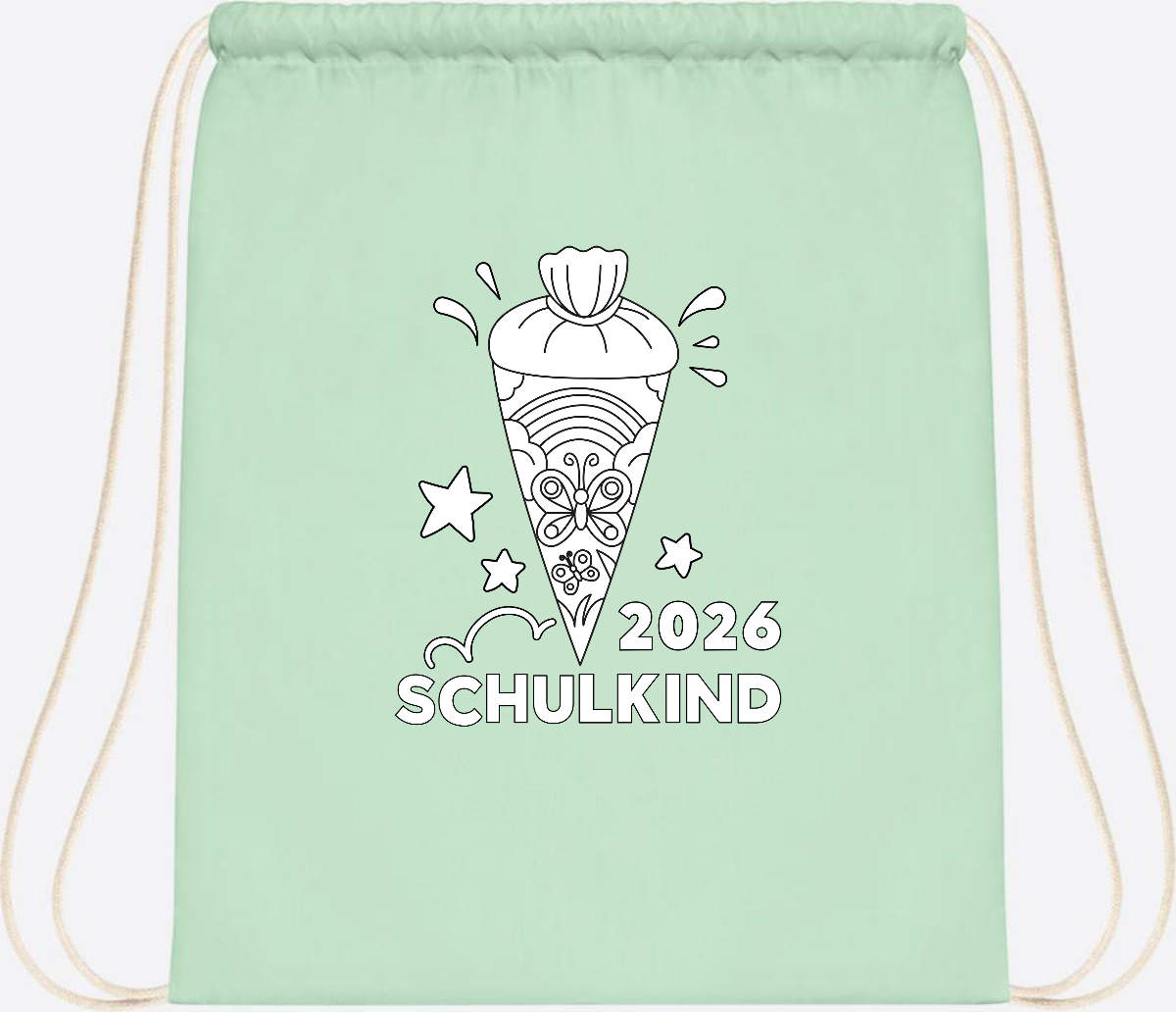 Turnbeutel Schulkind 2026 – Regenbogen zum Ausmalen mit Name - Pastel Mint/White