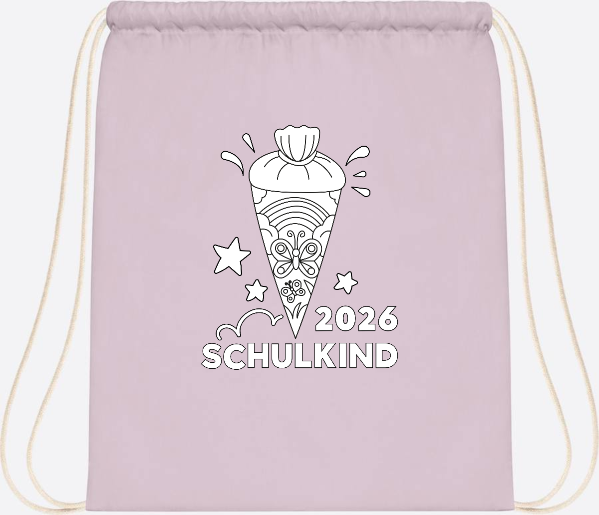 Turnbeutel Schulkind 2026 – Regenbogen zum Ausmalen mit Name - Pastel Pink/White