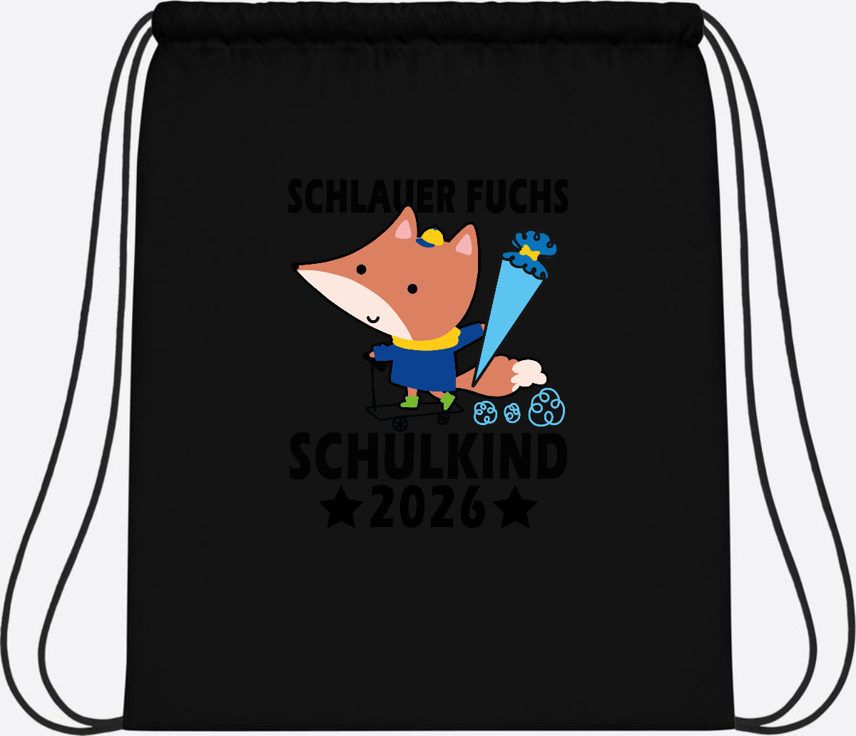Turnbeutel Schulkind 2026 Schlauer Fuchs personalisiert - Black/Black