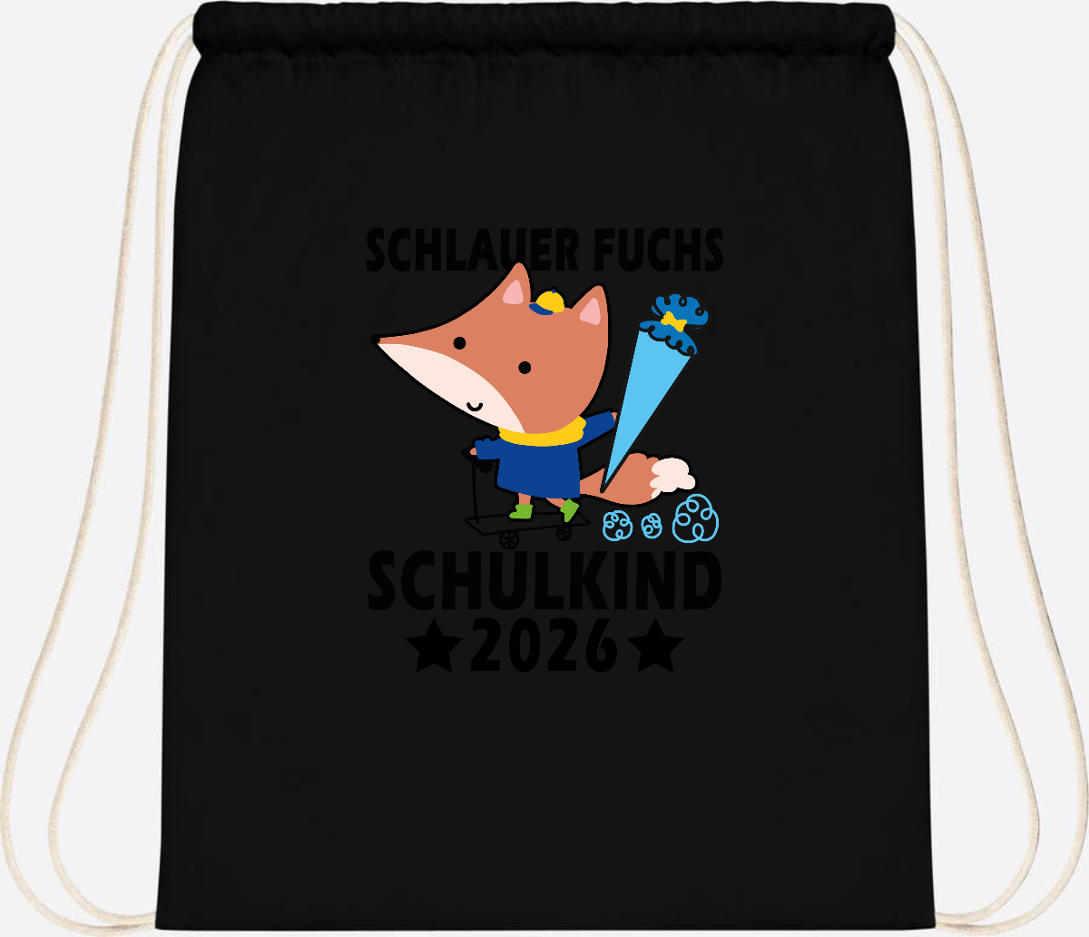 Turnbeutel Schulkind 2026 Schlauer Fuchs personalisiert - Black