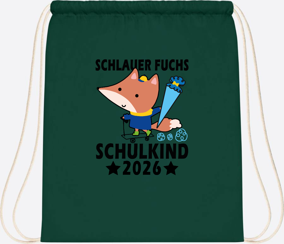 Turnbeutel Schulkind 2026 Schlauer Fuchs personalisiert - Bottle Green