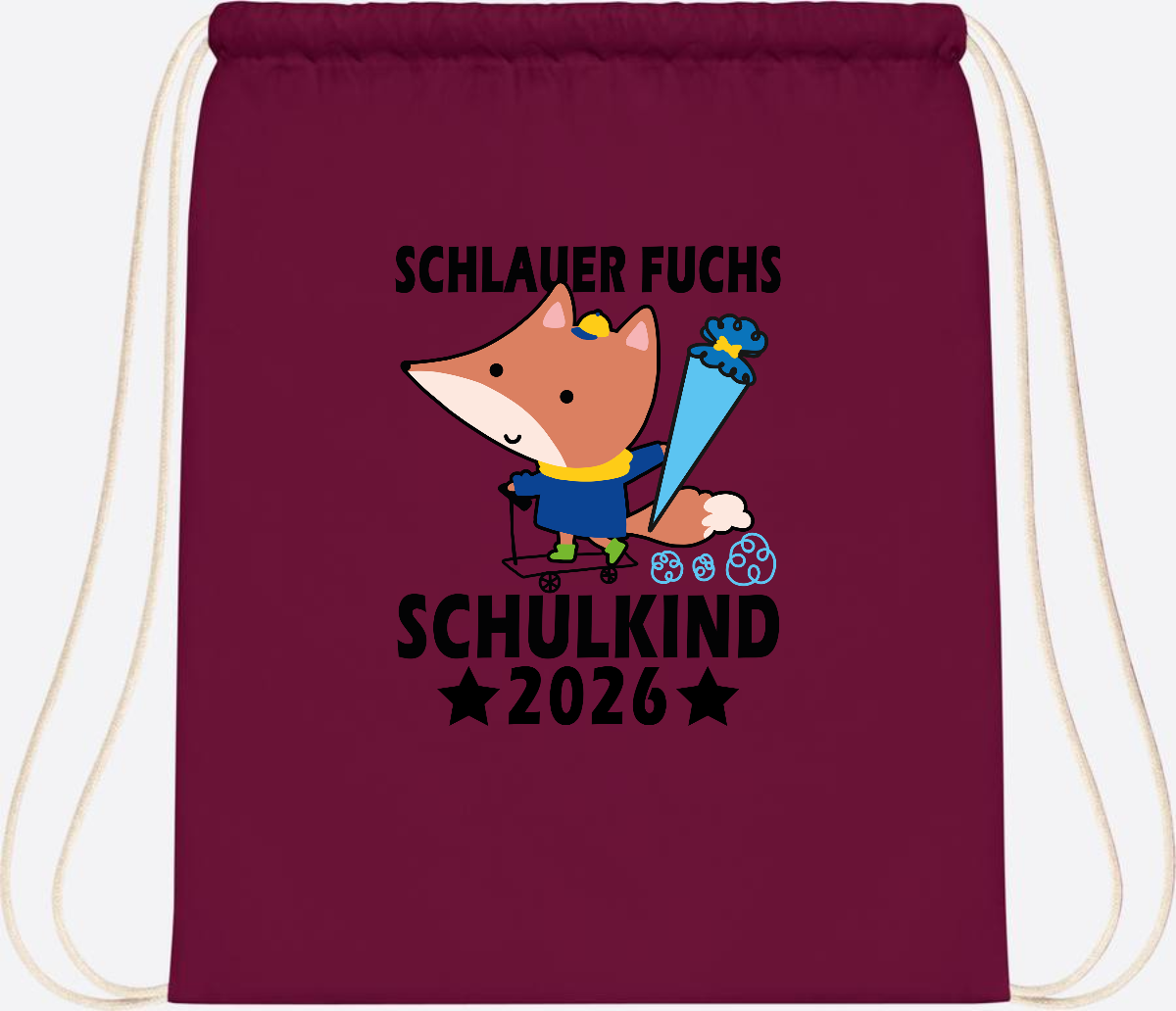 Turnbeutel Schulkind 2026 Schlauer Fuchs personalisiert - Burgundy