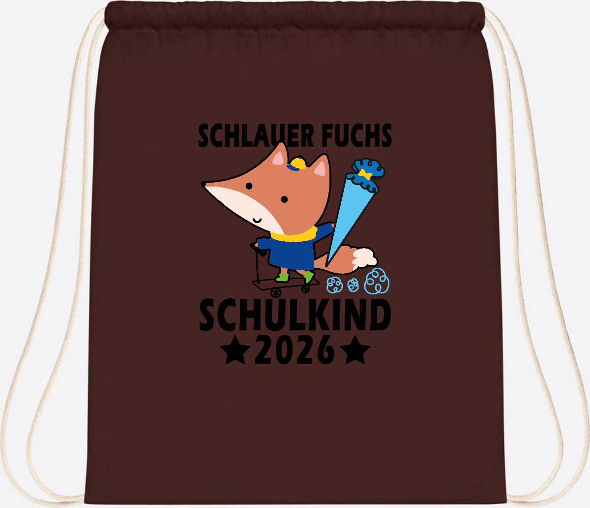Turnbeutel Schulkind 2026 Schlauer Fuchs personalisiert - Chocolate