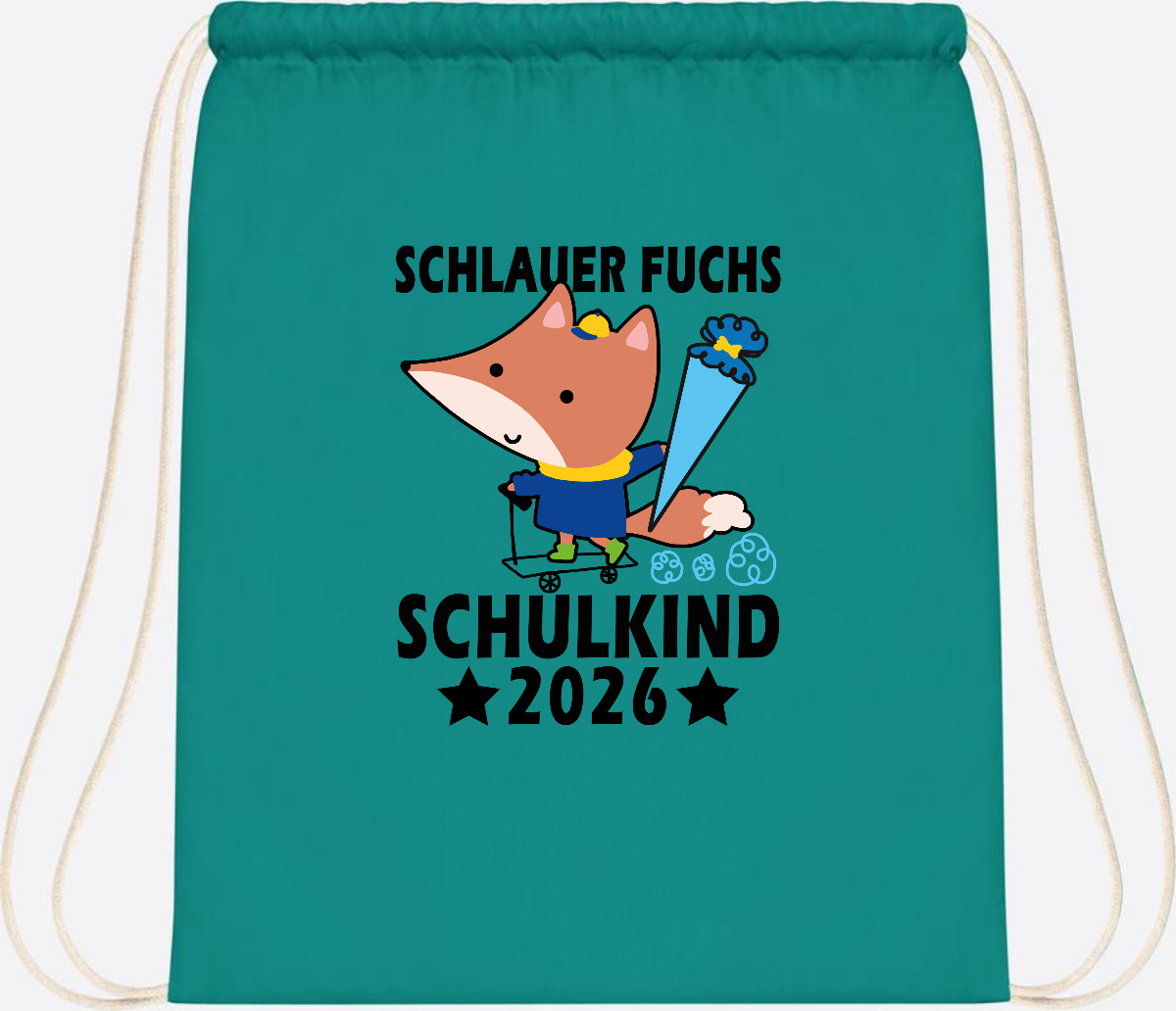 Turnbeutel Schulkind 2026 Schlauer Fuchs personalisiert - Emerald
