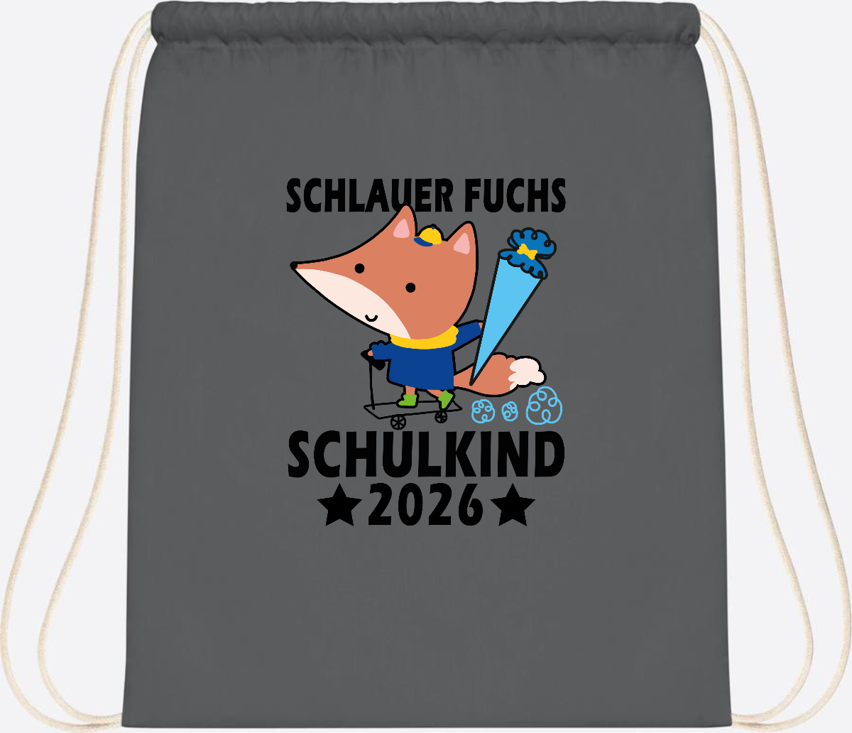 Turnbeutel Schulkind 2026 Schlauer Fuchs personalisiert - Graphite Grey