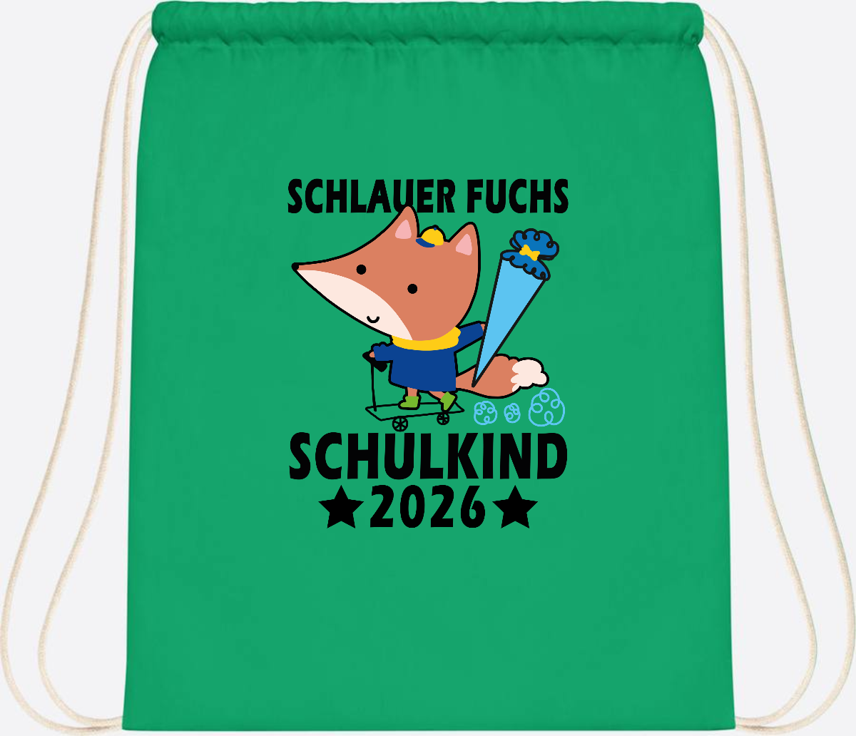Turnbeutel Schulkind 2026 Schlauer Fuchs personalisiert - Kelly Green