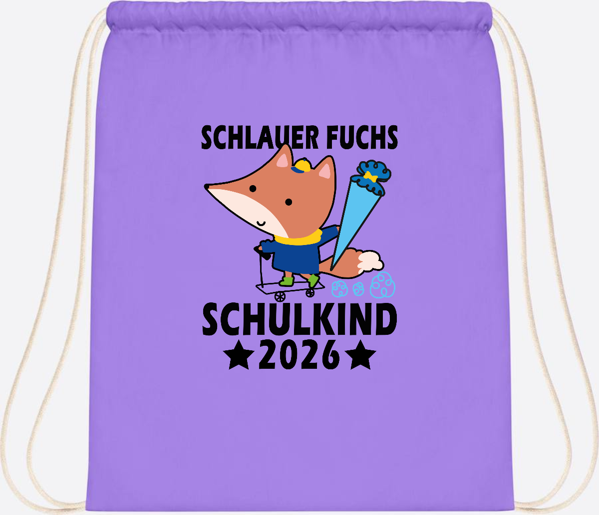 Turnbeutel Schulkind 2026 Schlauer Fuchs personalisiert - Lavender/White