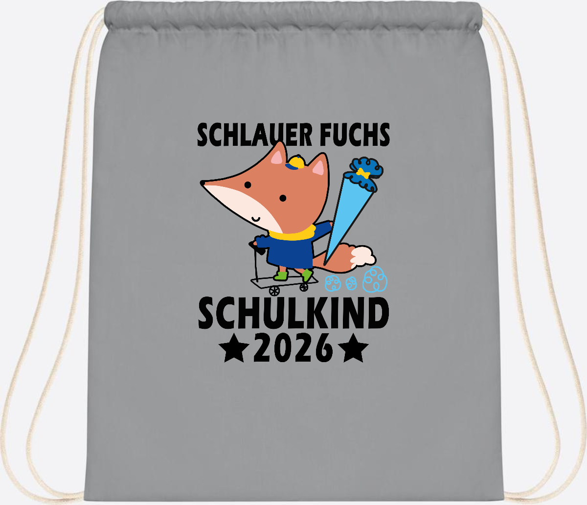 Turnbeutel Schulkind 2026 Schlauer Fuchs personalisiert - Light Grey
