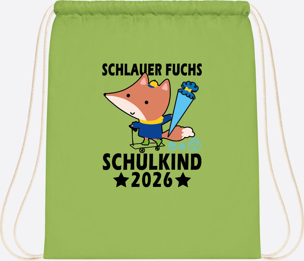 Turnbeutel Schulkind 2026 Schlauer Fuchs personalisiert - Lime Green