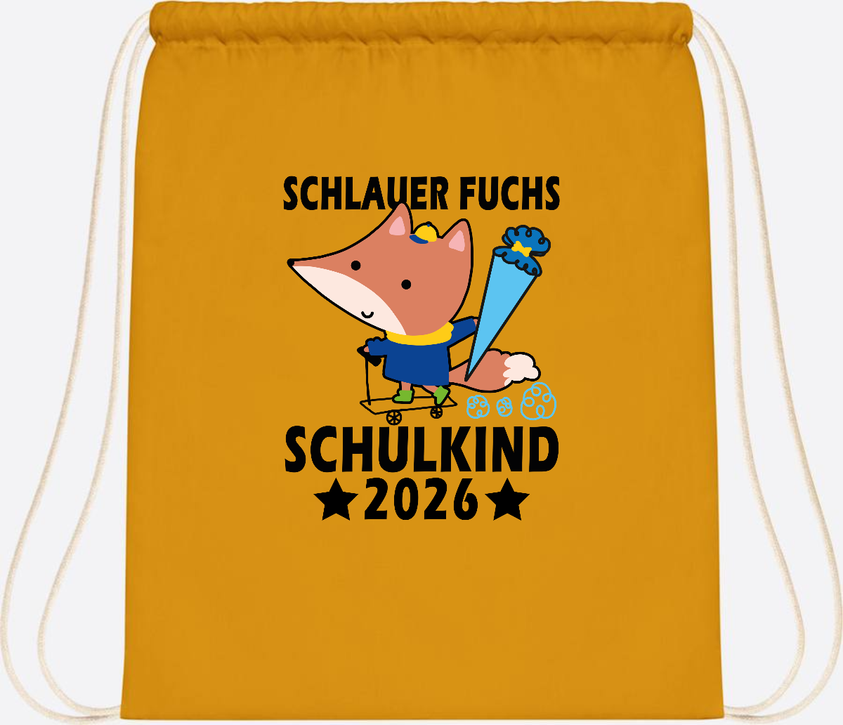 Turnbeutel Schulkind 2026 Schlauer Fuchs personalisiert - Mustard