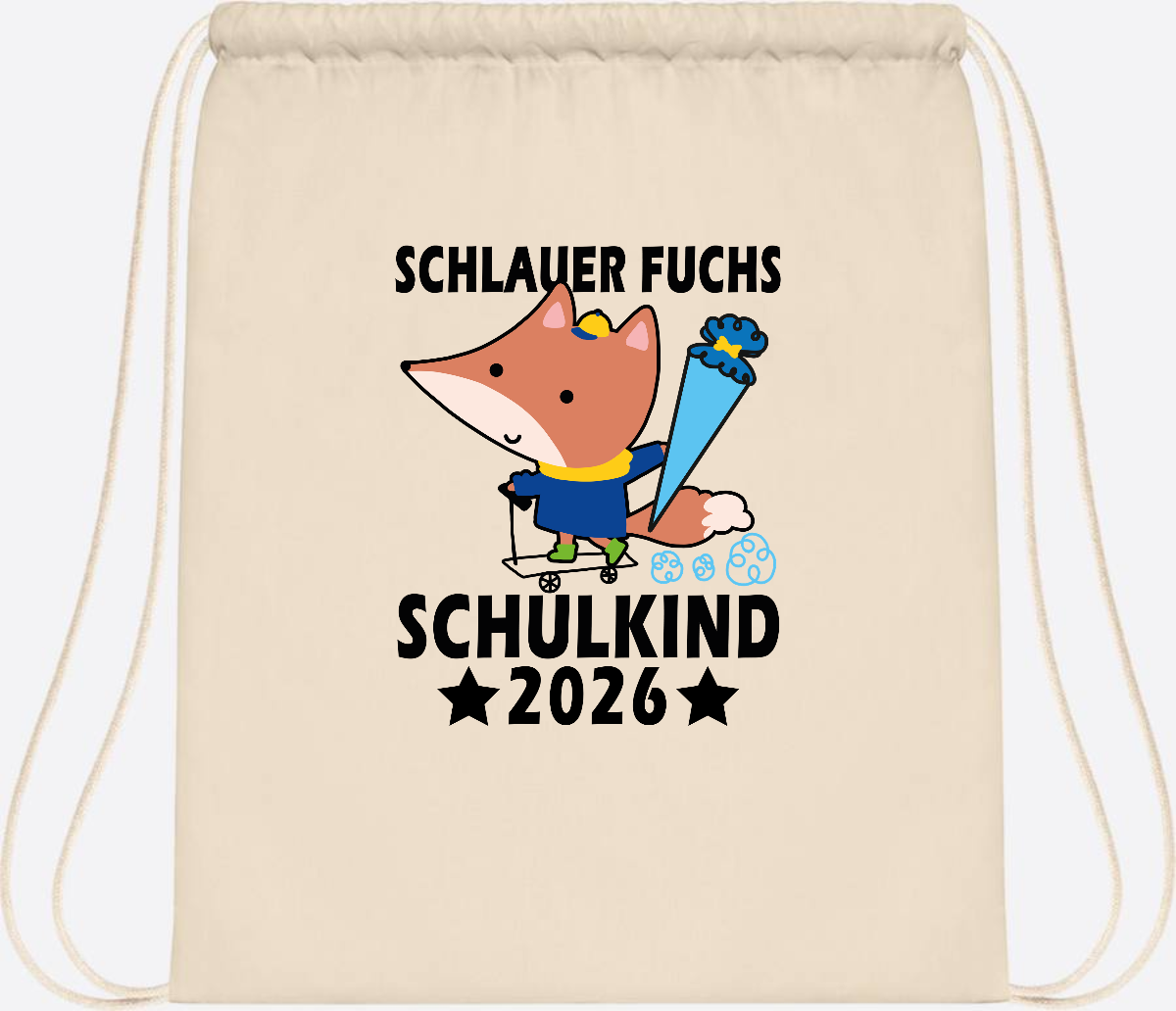 Turnbeutel Schulkind 2026 Schlauer Fuchs personalisiert - Natural