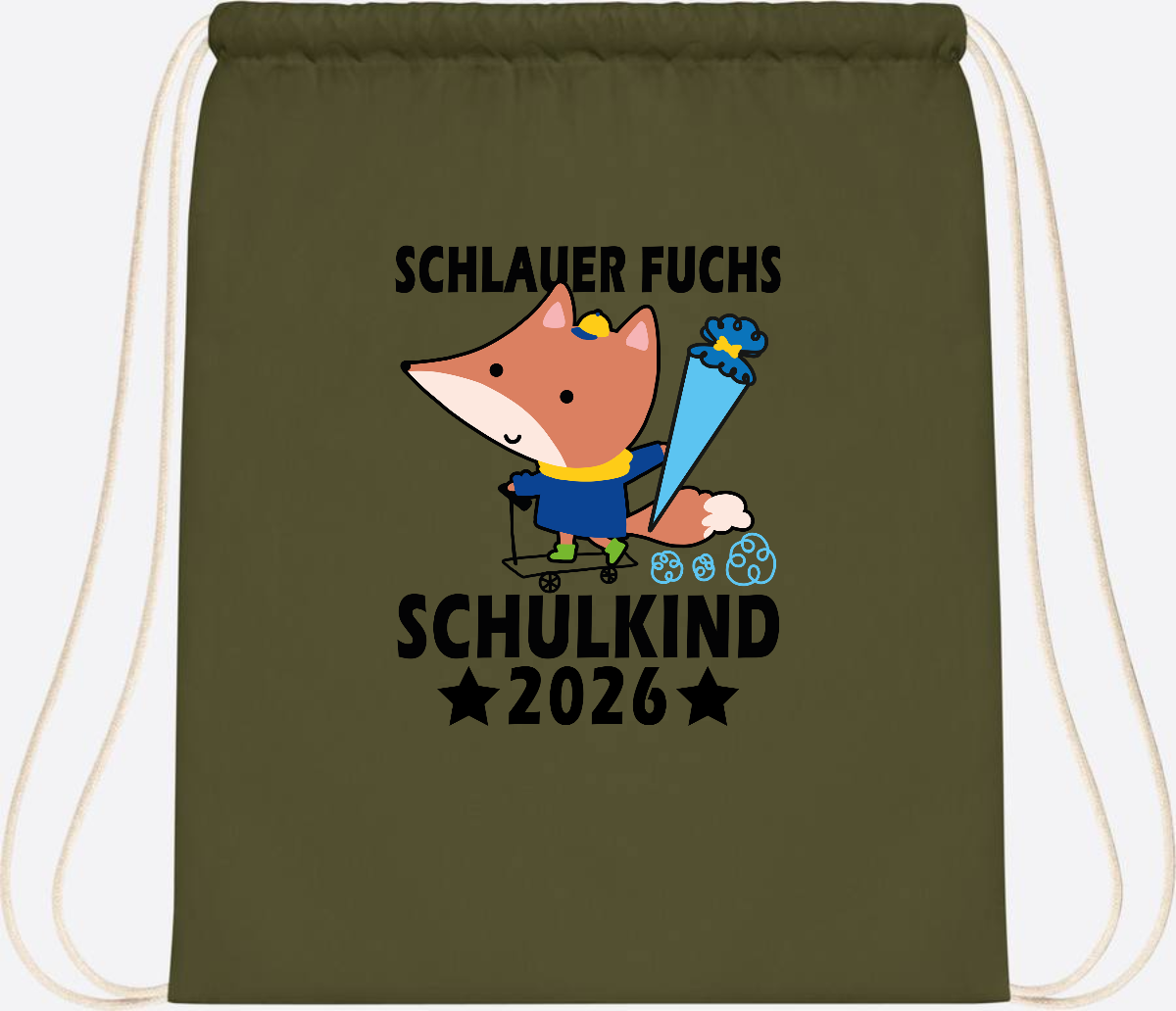 Turnbeutel Schulkind 2026 Schlauer Fuchs personalisiert - Olive Green