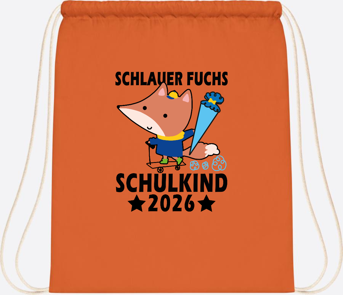 Turnbeutel Schulkind 2026 Schlauer Fuchs personalisiert - Orange