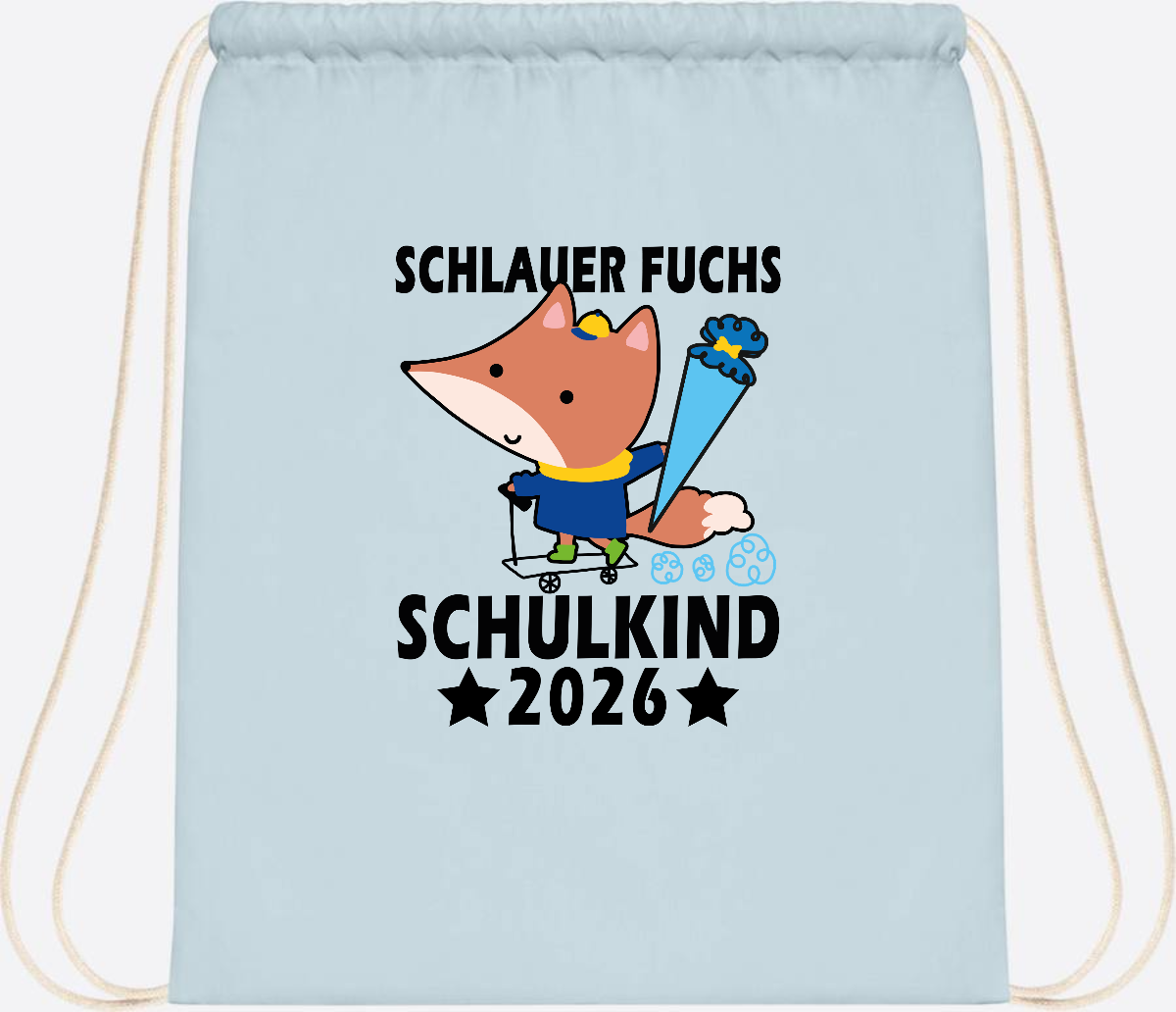 Turnbeutel Schulkind 2026 Schlauer Fuchs personalisiert - Pastel Blue/White