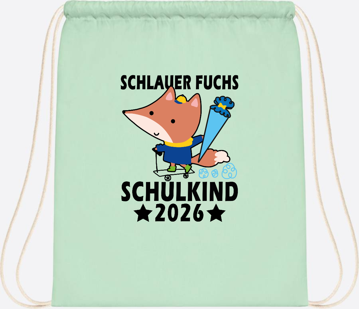 Turnbeutel Schulkind 2026 Schlauer Fuchs personalisiert - Pastel Mint/White