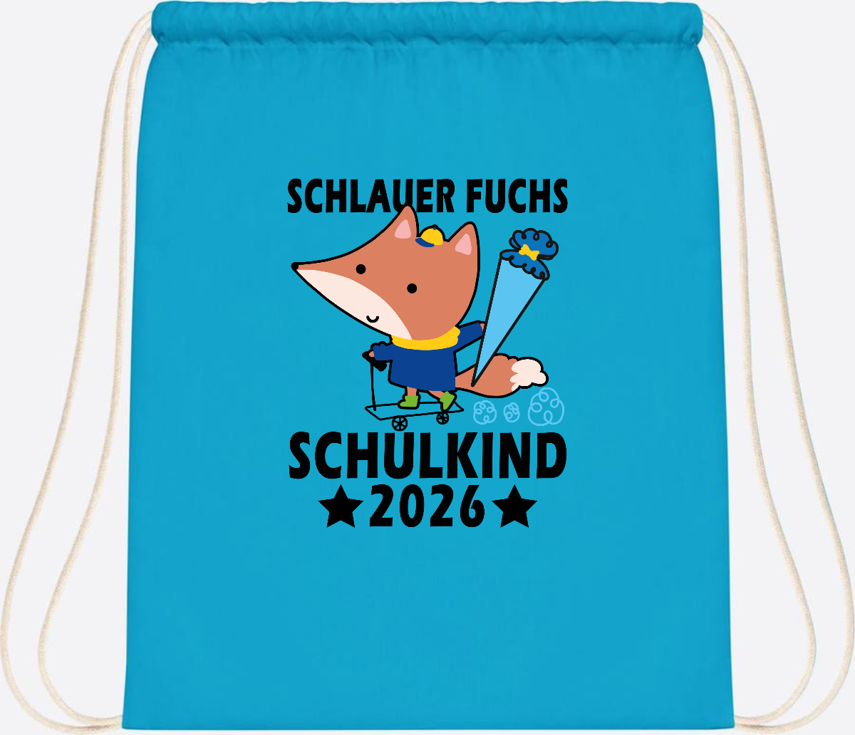 Turnbeutel Schulkind 2026 Schlauer Fuchs personalisiert - Surf Blue