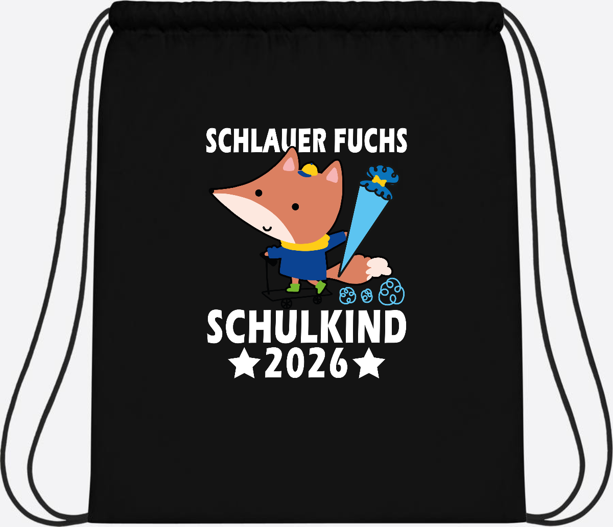 Turnbeutel Schulkind 2026 – Schlauer Fuchs personalisiert - Black/Black