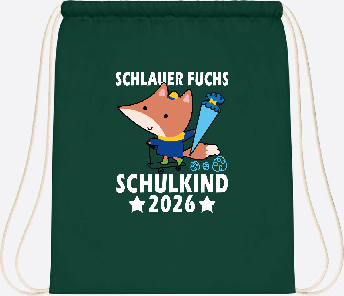 Turnbeutel Schulkind 2026 – Schlauer Fuchs personalisiert - Bottle Green